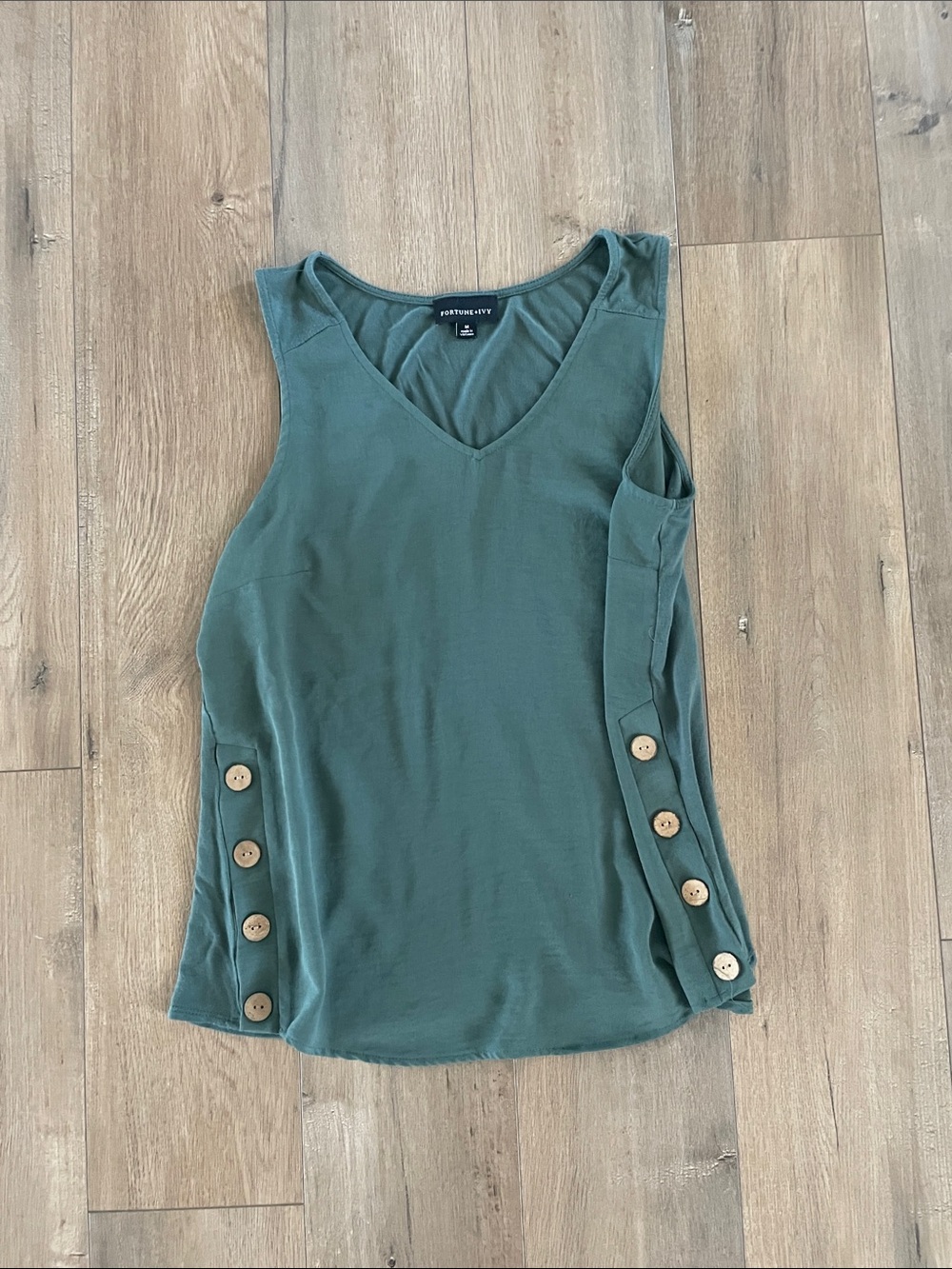 Dark Teal V-Neck Tank with Side Button Detail
